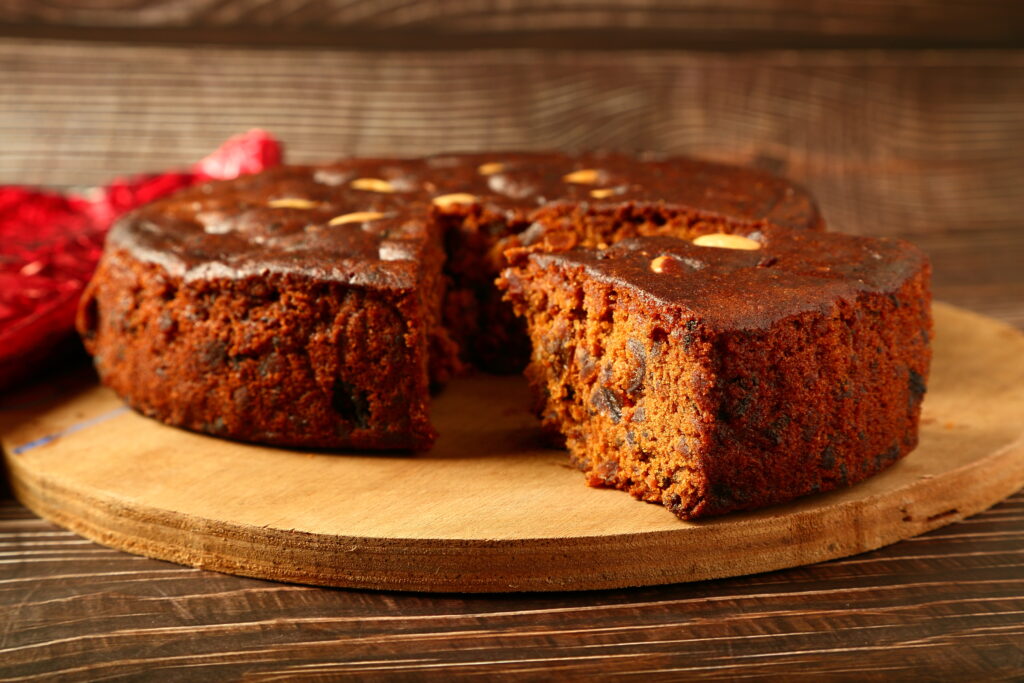 Homemade sliced  rich plum cake.